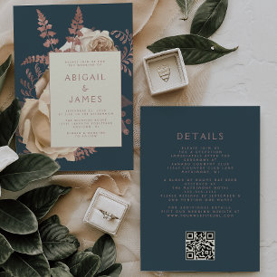 Floral Ivory Rose Gold Teal QR Code Wedding Invitation