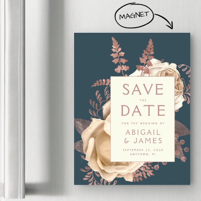 Floral Ivory Rose Gold Teal Save the Date Magnetic Invitation (Creator Uploaded)