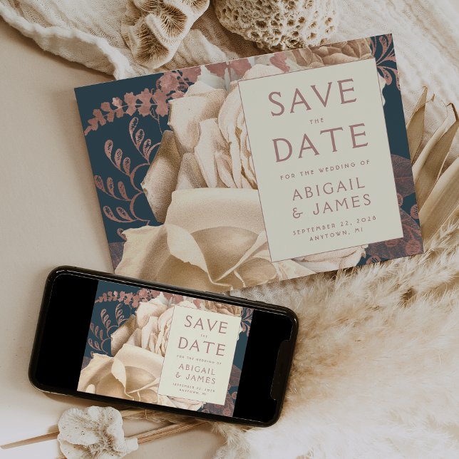 Floral Ivory Rose Gold Teal Wedding Save the Date Invitation (Creator Uploaded)