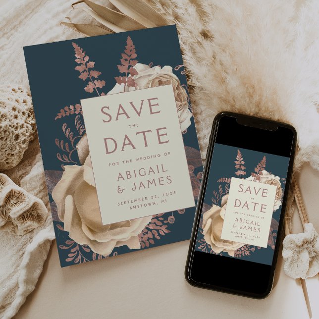 Floral Ivory Rose Gold Teal Wedding Save the Date Invitation (Creator Uploaded)