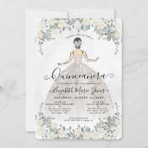 Floral Ivory White Princess Birthday Quinceanera Invitation