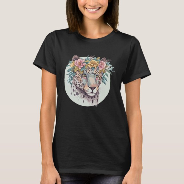 Floral Jaguar Flower Crown Watercolor Animal T-Shirt (Front)