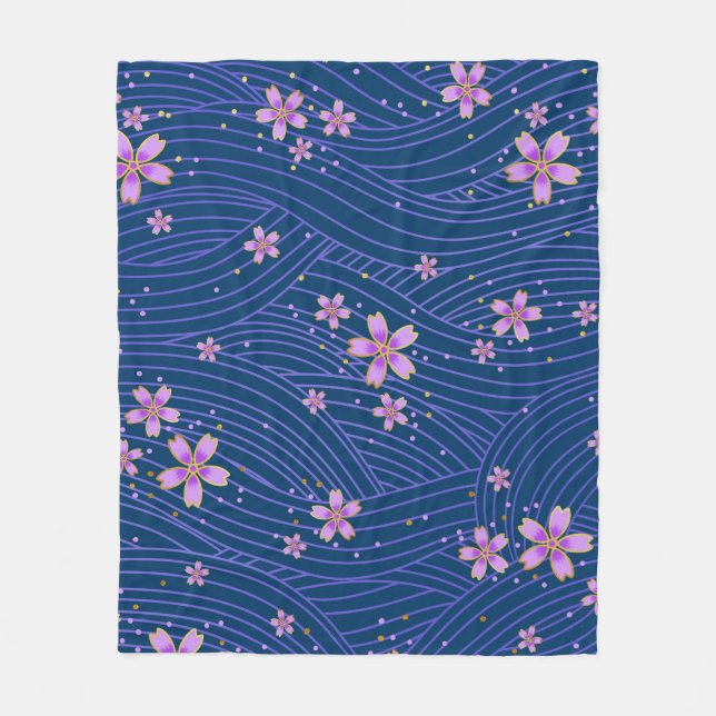 Floral Japanese Blue And Pink Sakura Petal Pattern Fleece Blanket (Front)