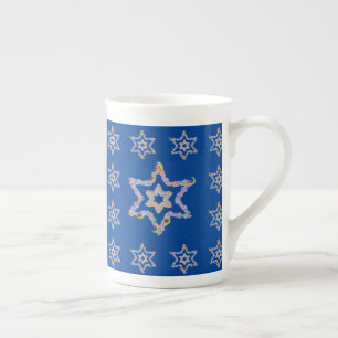 Floral Jewish Stars on Dark Blue Field Bone China Mug