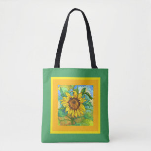 Floral, jumbo sunflower on yellow/green  tote bag