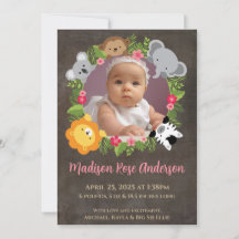 Floral Jungle Safari Wreath Baby Girl Announcement