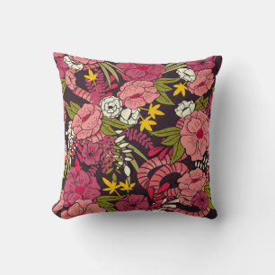 Floral jungle with snakes pattern, tropical flower cushion