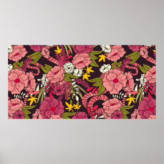Floral jungle with snakes pattern, tropical flower poster