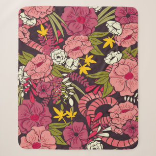 Floral jungle with snakes pattern, tropical flower sherpa blanket
