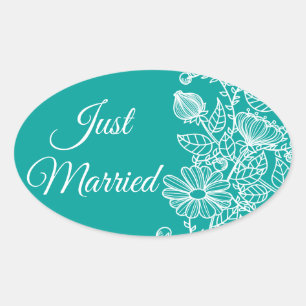 Floral Just Married Daisies Blue Teal Wedding Oval Sticker