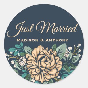 Floral Just Married Peach Peony Flower Navy Blue Classic Round Sticker