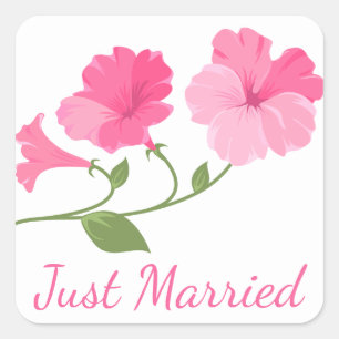 Floral Just Married Pink Fuchsia Flowers Wedding Square Sticker