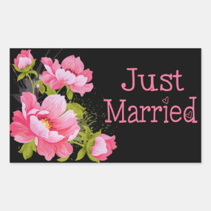 Floral Just Married Pink Peonies Flower Black Rectangular Sticker