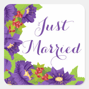 Floral Just Married Purple Flower Wedding Square Sticker