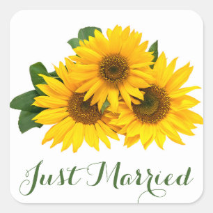 Floral Just Married Sunflower Yellow Green Wedding Square Sticker