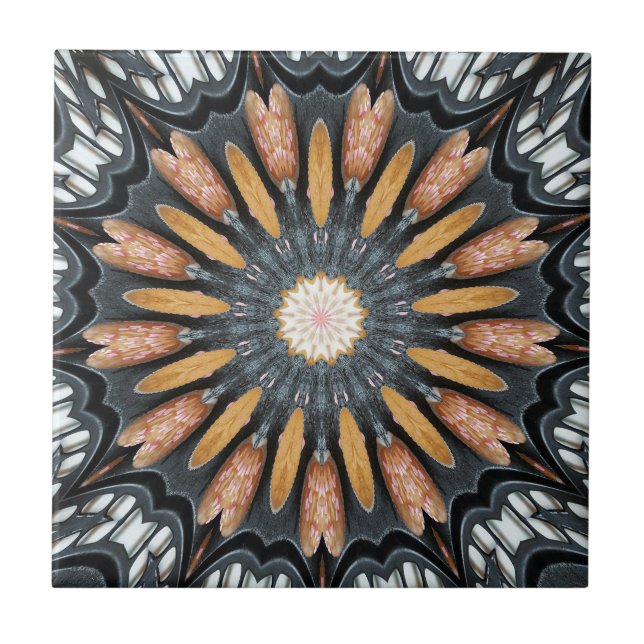 Floral Kaleidoscope Art Mosaic Orange Black White Ceramic Tile (Front)