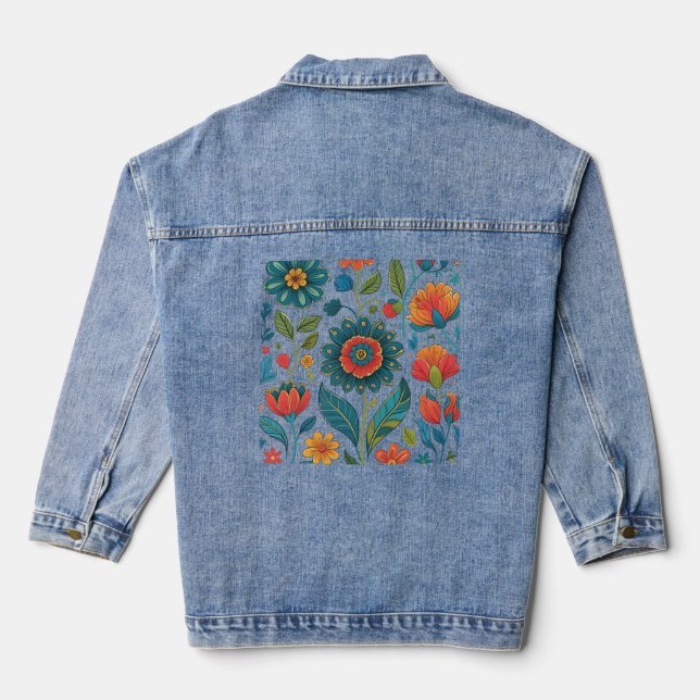 Floral Kaleidoscope Garden - Vibrant Nature Art Denim Jacket (Back)