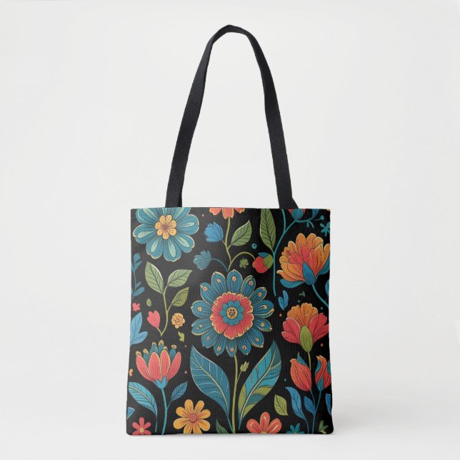 Floral Kaleidoscope Garden - Vibrant Nature Art Tote Bag (Front)