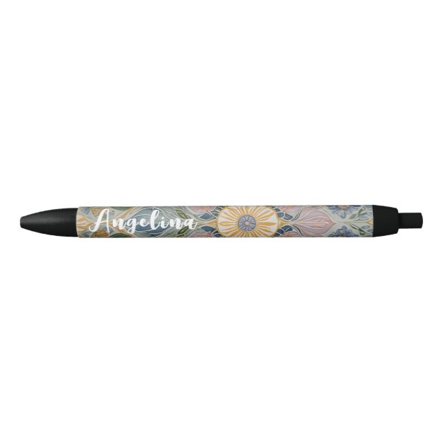 Floral Kaleidoscope Personalized Black Ink Pen (Front)