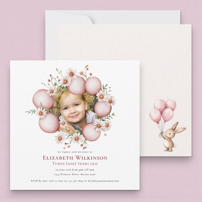 Floral kids  Photo pink Birthday Invite (Creator Uploaded)