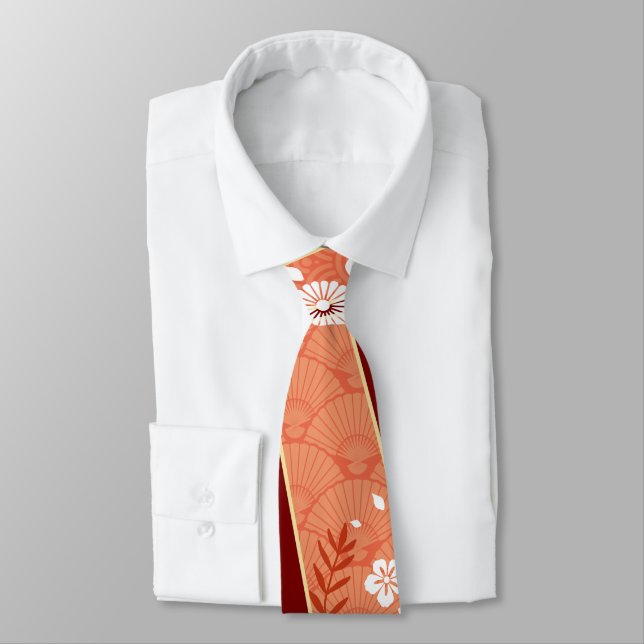 Floral Kimono Pattern Coral Tie (Tied)