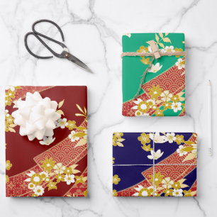 Floral Kimono Pattern Red Golden Wrapping Paper Sheet