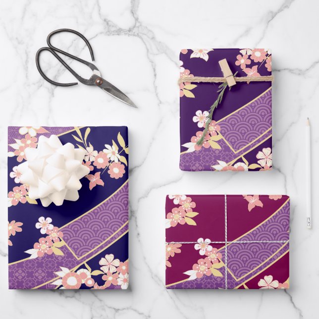 Floral Kimono Pattern Violet Wrapping Paper Sheet (Front)