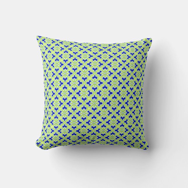 Floral kimono print, cobalt blue and lime green cushion (Front)