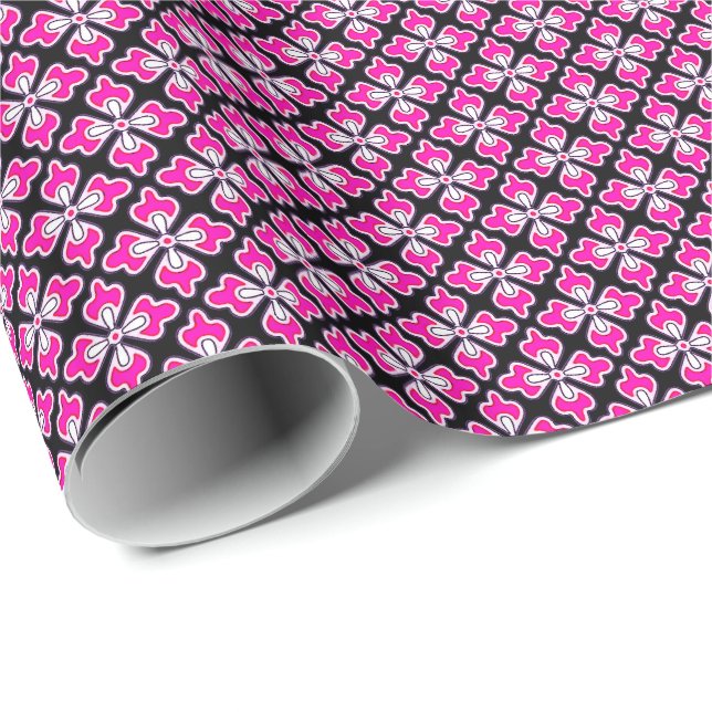 Floral kimono print, fuchsia pink and black wrapping paper (Roll Corner)