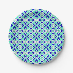 Floral kimono print, indigo and light sky blue paper plate