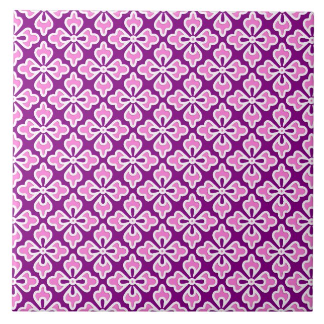 Floral kimono print, orchid pink and purple ceramic tile (Front)
