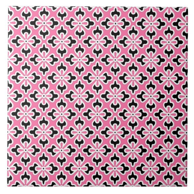 Floral kimono print, pink, black and white ceramic tile (Front)