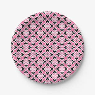 Floral kimono print, pink, black and white paper plate