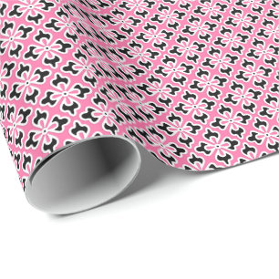 Floral kimono print, pink, black and white wrapping paper