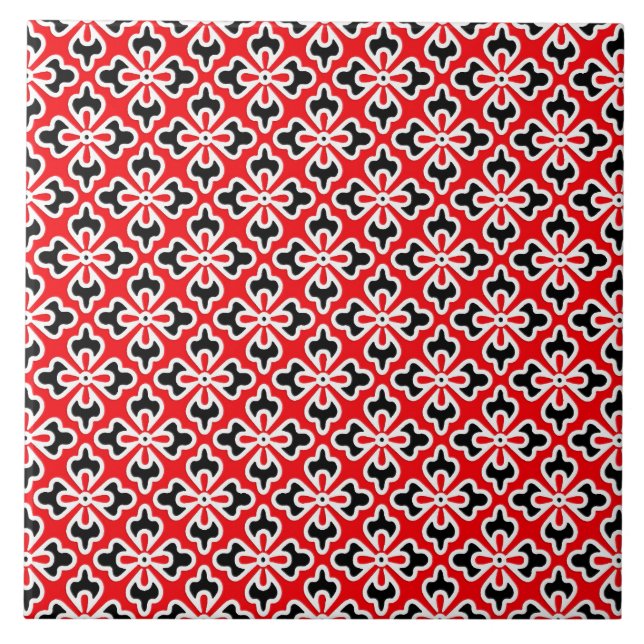 Floral kimono print, red, black and white ceramic tile (Front)