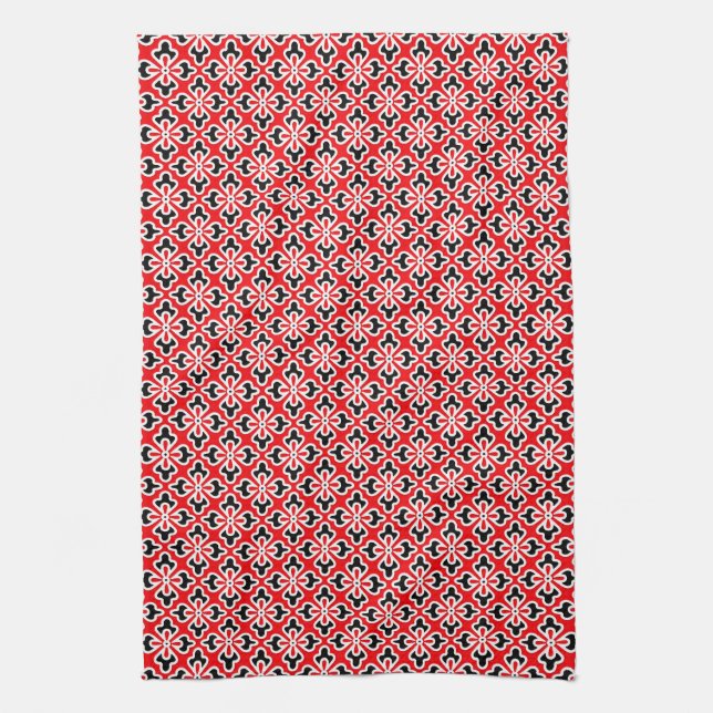 Floral kimono print, red, black and white tea towel (Vertical)