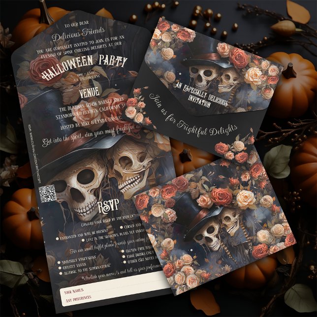 Floral Kissing Skeletons Adult Halloween All In One Invitation (Creator Uploaded)