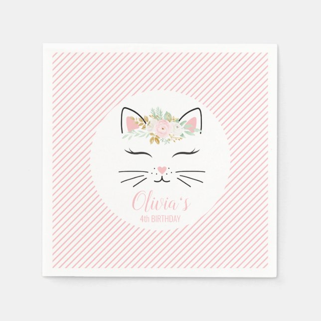 Floral Kitten Birthday Party napkins kitty face (Front)