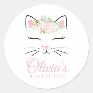 Floral Kitten Birthday Party Stickers kitty face