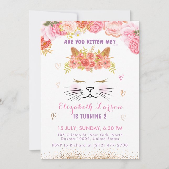 Floral Kitty Birthday Kids Cute Golden Party Invitation (Front)