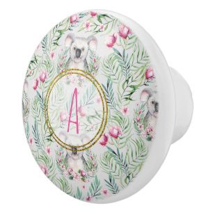 Floral KOALA BEAR Monogram Girls Bedroom Nursery Ceramic Knob