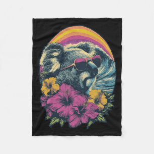 Floral Koala with Sungles Hibiscus Flowers Summer Fleece Blanket