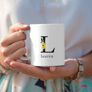 Floral L Monogram Mug with Editable Name
