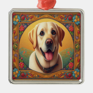 Floral Labrador Retriever Dog Colourful Border Metal Ornament