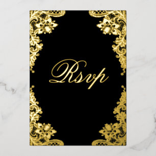 Floral Lace Black Wedding RSVP Real Gold