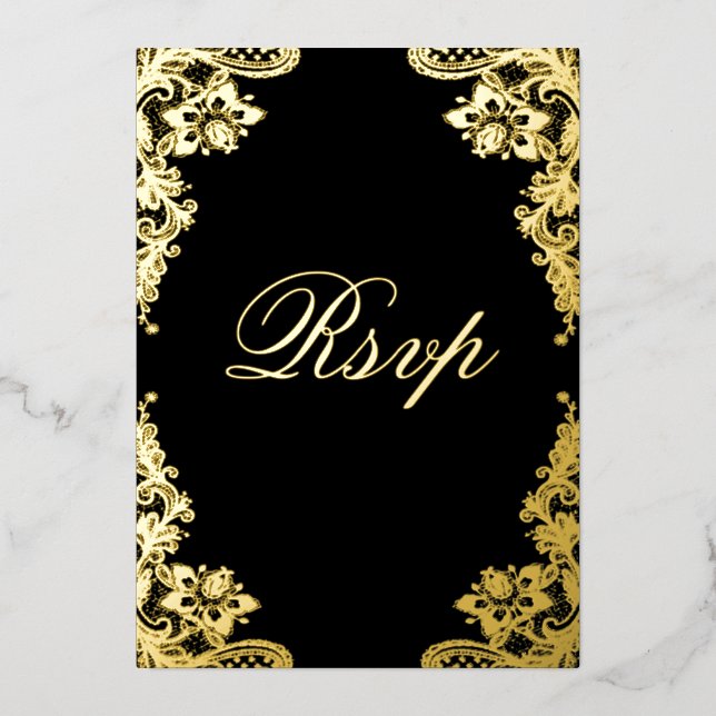 Floral Lace Black Wedding RSVP Real Gold (Front)