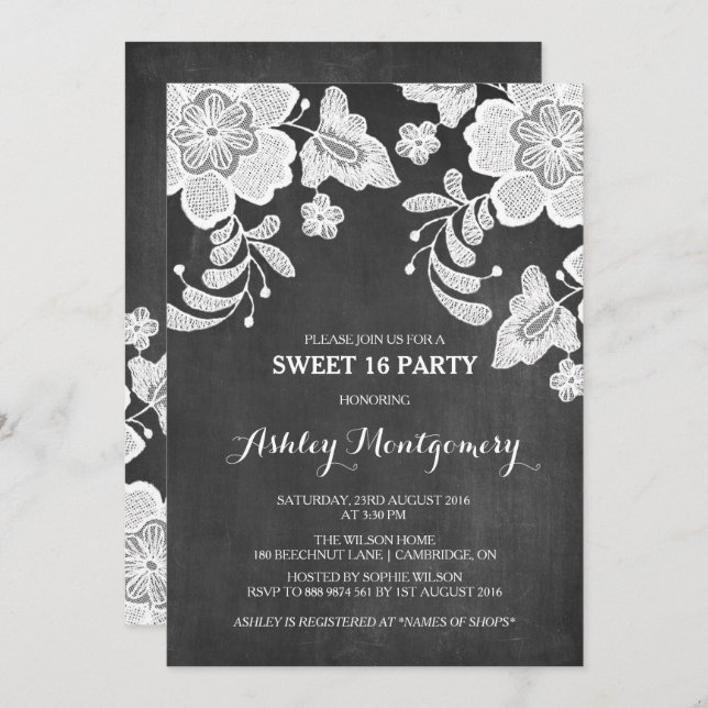 Floral Lace | Chalkboard Sweet Sixteen Invitation (Front/Back)