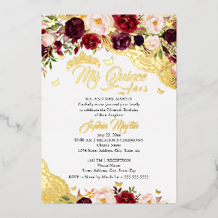 Floral Lace Gold Burgundy Butterfly Quinceanera