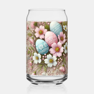 Floral lace pastel pink Easter eggs and flowers  Can Glass