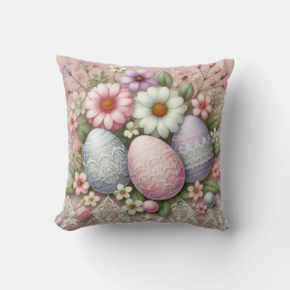 Floral lace pastel pink Easter eggs and flowers Cushion